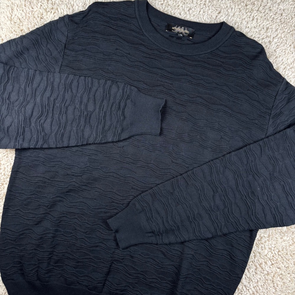Montechiaro Sweater Mens Large Black Textured Knit Crewneck Made in Italy